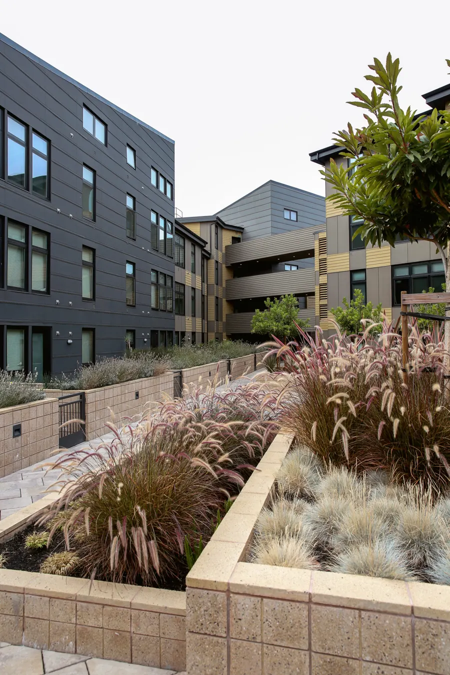 Completed mixed-use development with graded terracing and retaining walls — Calichi Design Group site civil engineering